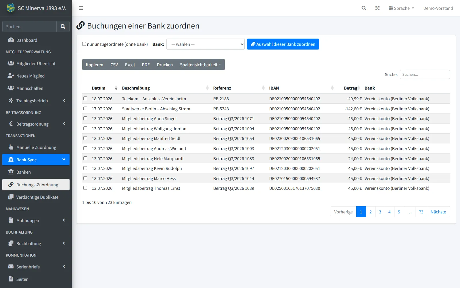 Bankumsätze, die per FinTS abgeholt und Mitgliedern zugeordnet wurden