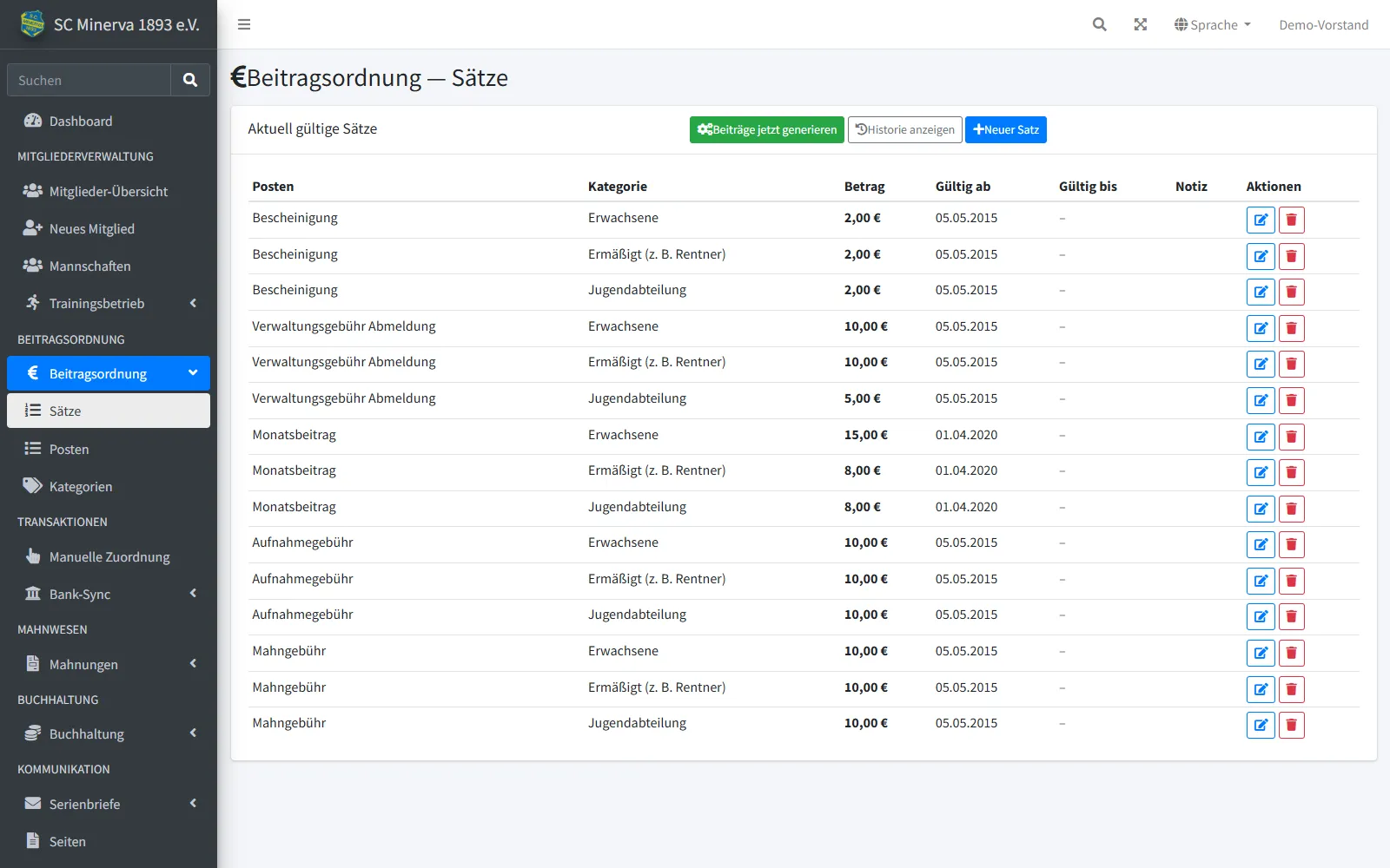 Beitragsordnung mit Beitragsarten, Kategorien und Staffelungen