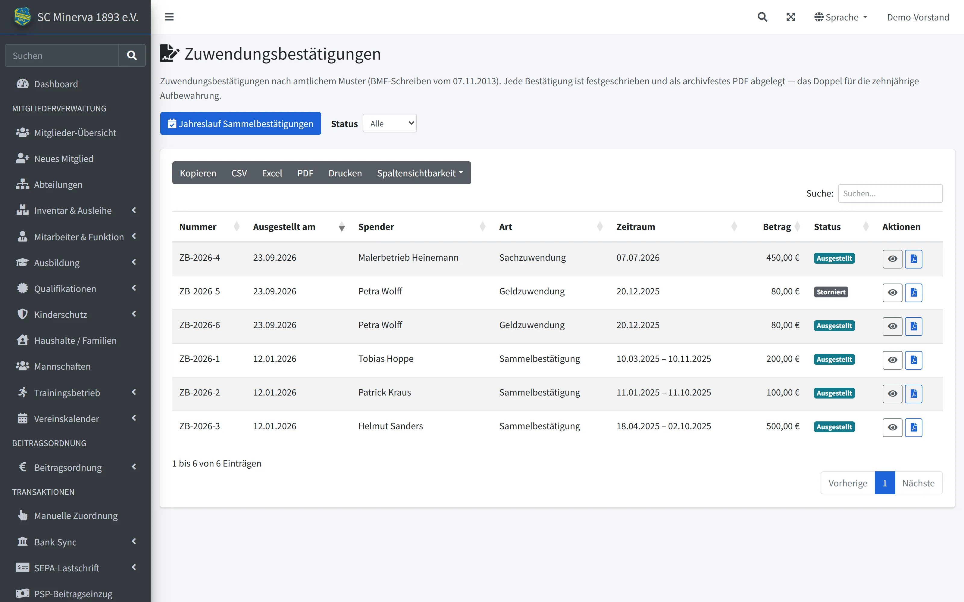 Spenden & Zuwendungsbestätigungen in ClubCoPilot