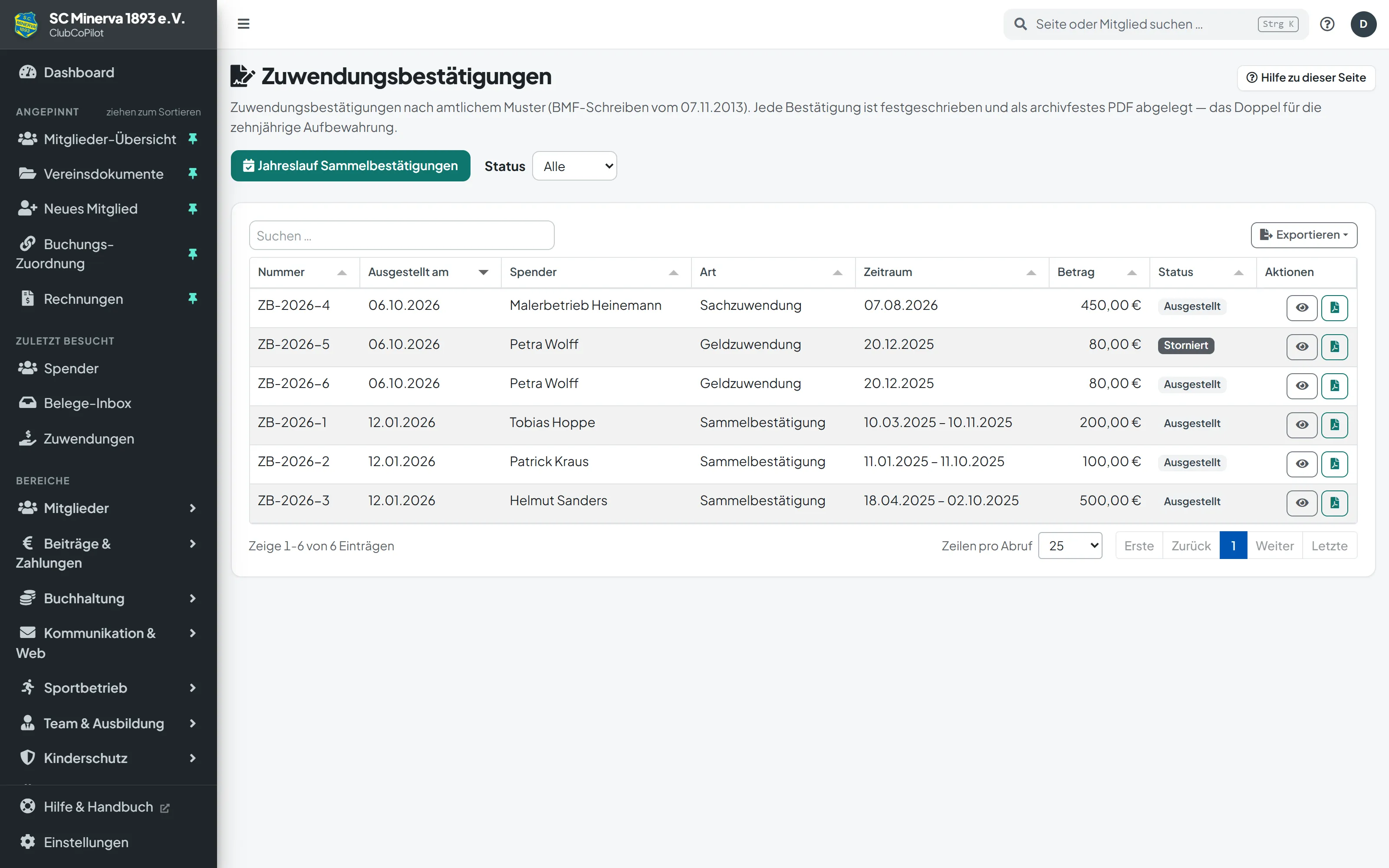 Spenden & Zuwendungsbestätigungen in ClubCoPilot